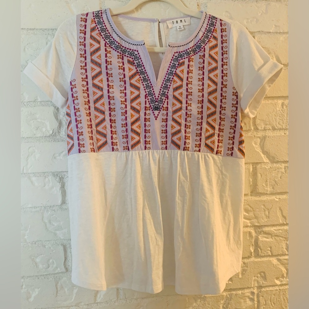 Anthropology THML Women’s Embroidered Bib Peplum short sleeve top NWOT size S